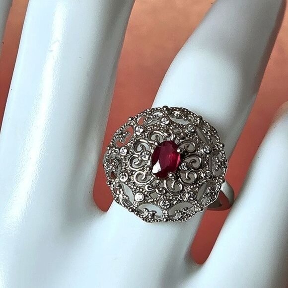 Natural Ruby 14K White Gold on 925 Sterling Silver Ring Sz 7.75 - Picture 5 of 6